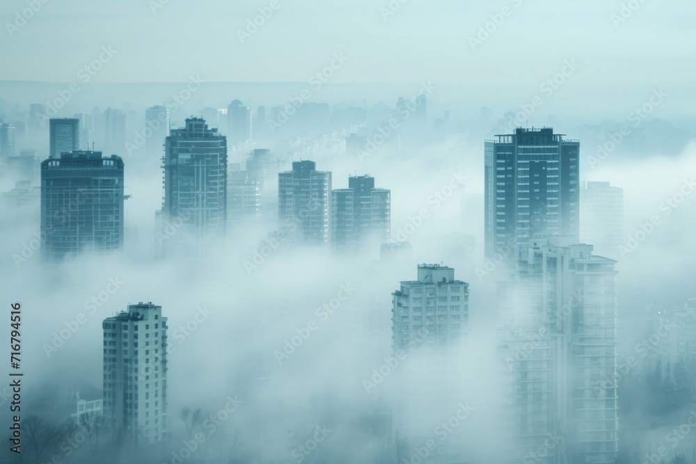 A metropolis enveloped in a thick haze, its towering skyscrapers disappearing into the mist, creating a mysterious and ethereal cityscape