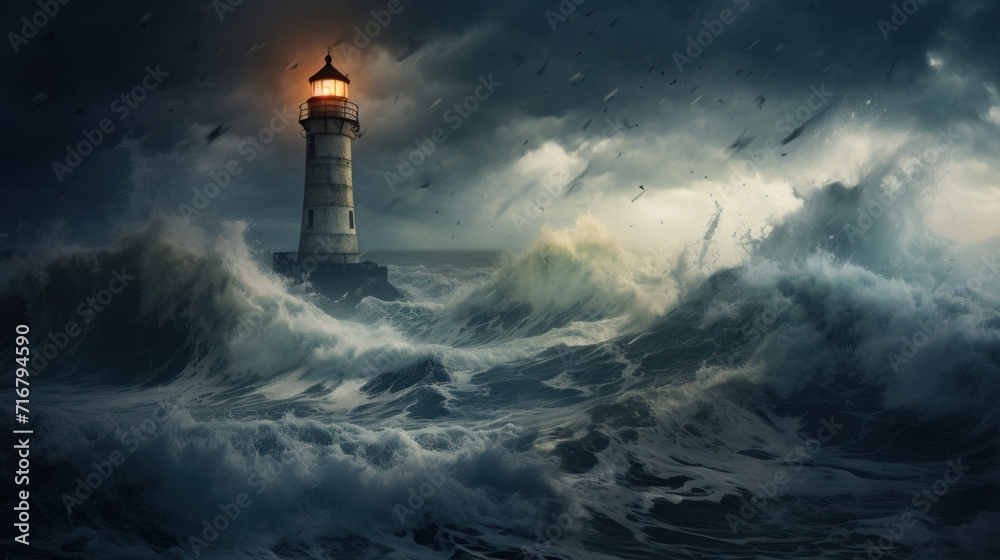 Lighthouse amidst stormy sea waves under dark clouds