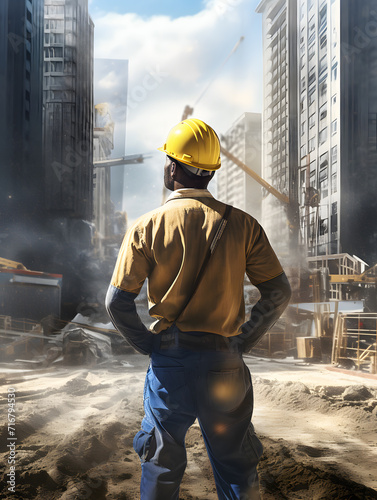 an engineer wearing safety protection hard hat looking towards construction site