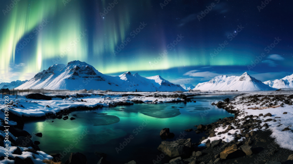 Sweeping northern lights over frosty mountain peaks at dusk