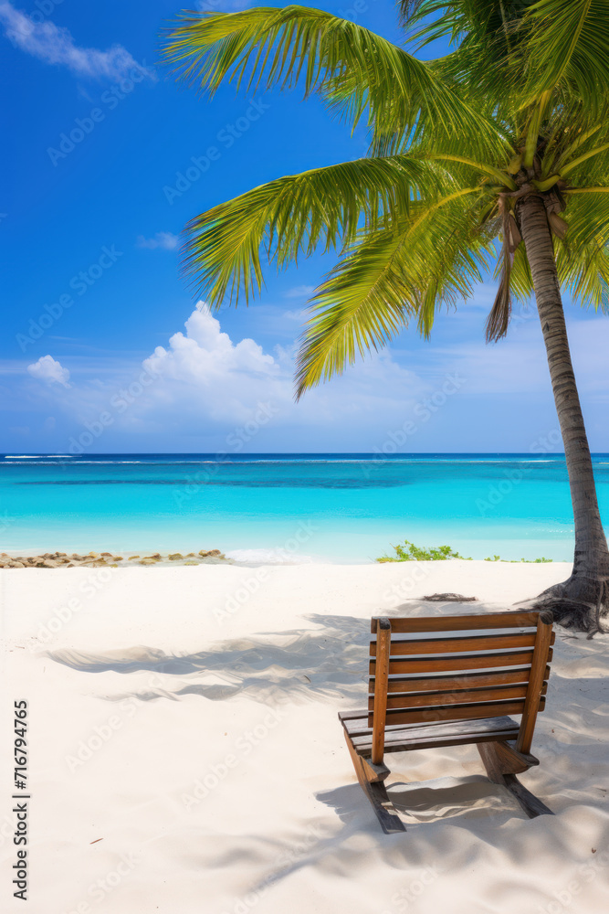 Inviting beach chair on sandy shore under tropical palms