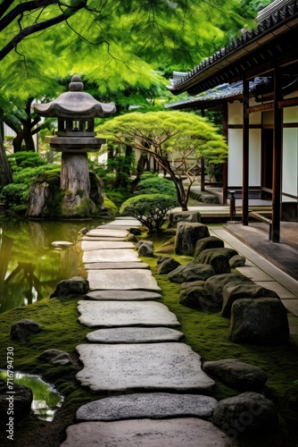 Tranquil Japanese Zen garden with stone path and moss