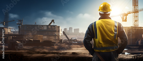 an engineer wearing safety protection hard hat looking towards construction site