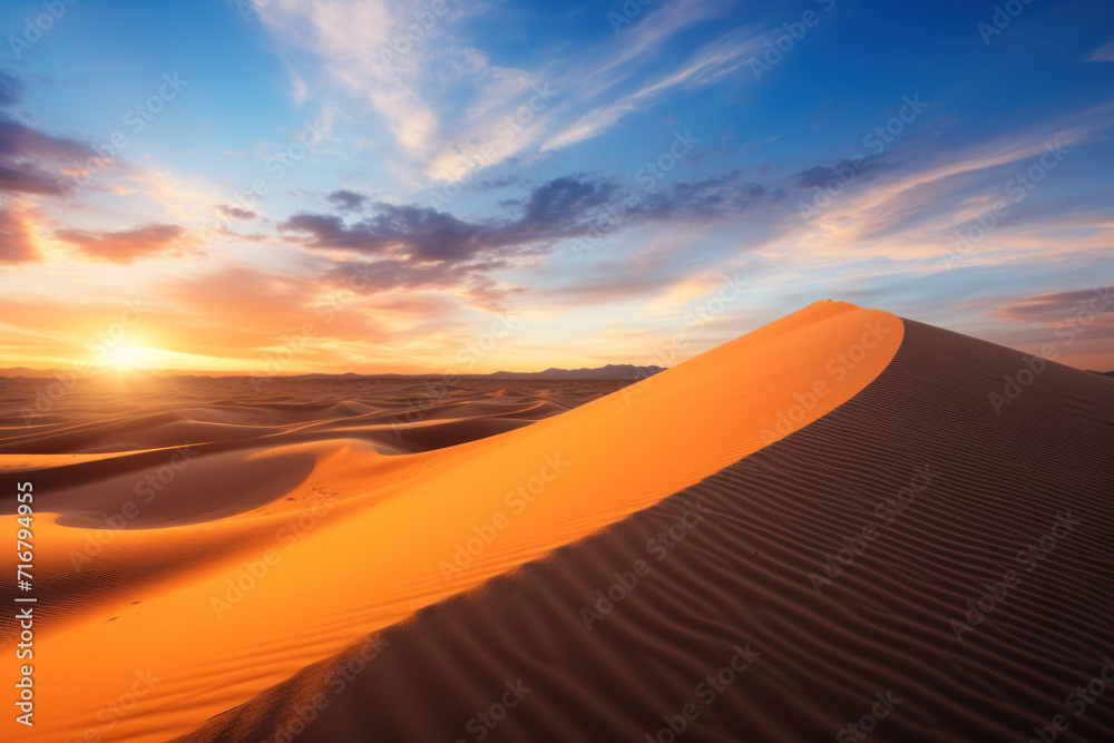 Golden hour sunlight casting shadows on smooth desert dunes