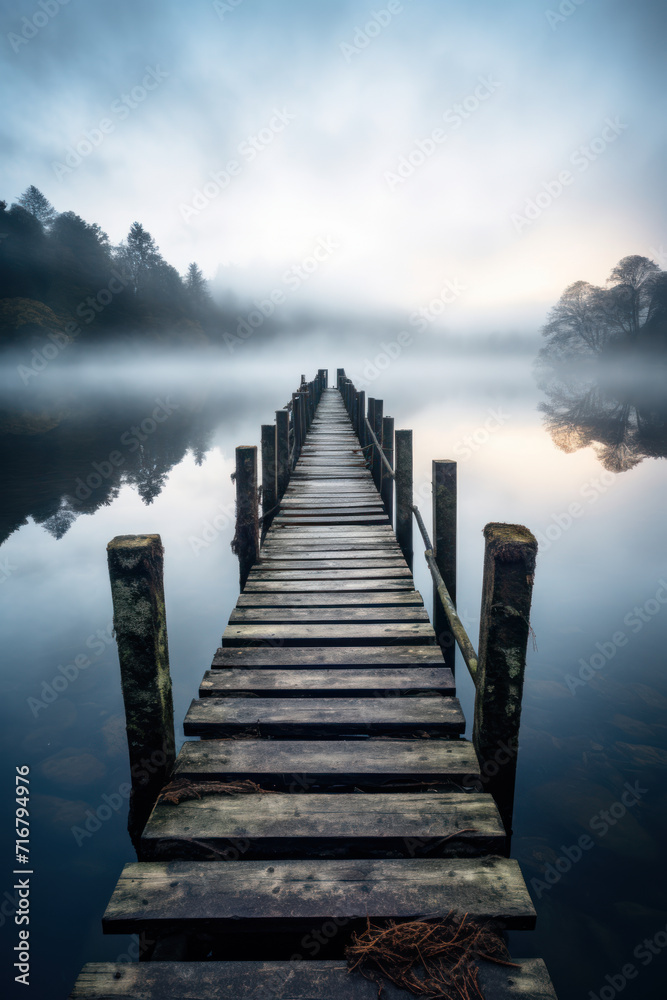 Long wooden pier stretching into misty lake at sunrise