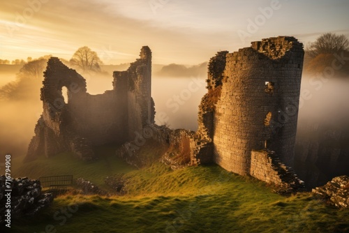 Misty morning light casting over ancient castle ruins photo