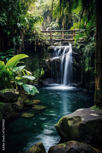 Wooden bridge over serene jungle waterfall and pool