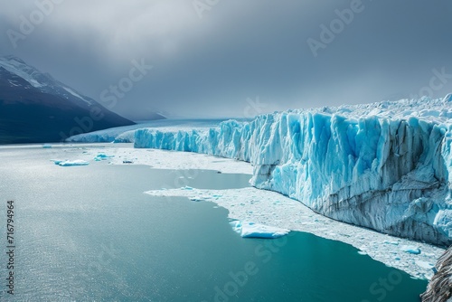 A majestic glacier looms in the distance, its frozen peaks reflected in the crystal clear glacial lake as the sky above echoes with the sounds of melting ice