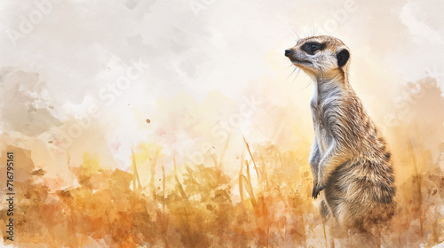 A meerkat stands in the savannah , the location on the right is a profile view, watercolor style photo