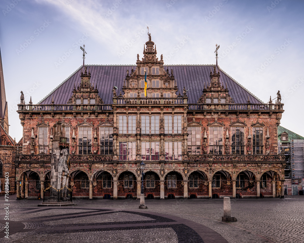 Medieval City Hall of Bremen, Germany, at the sunrise