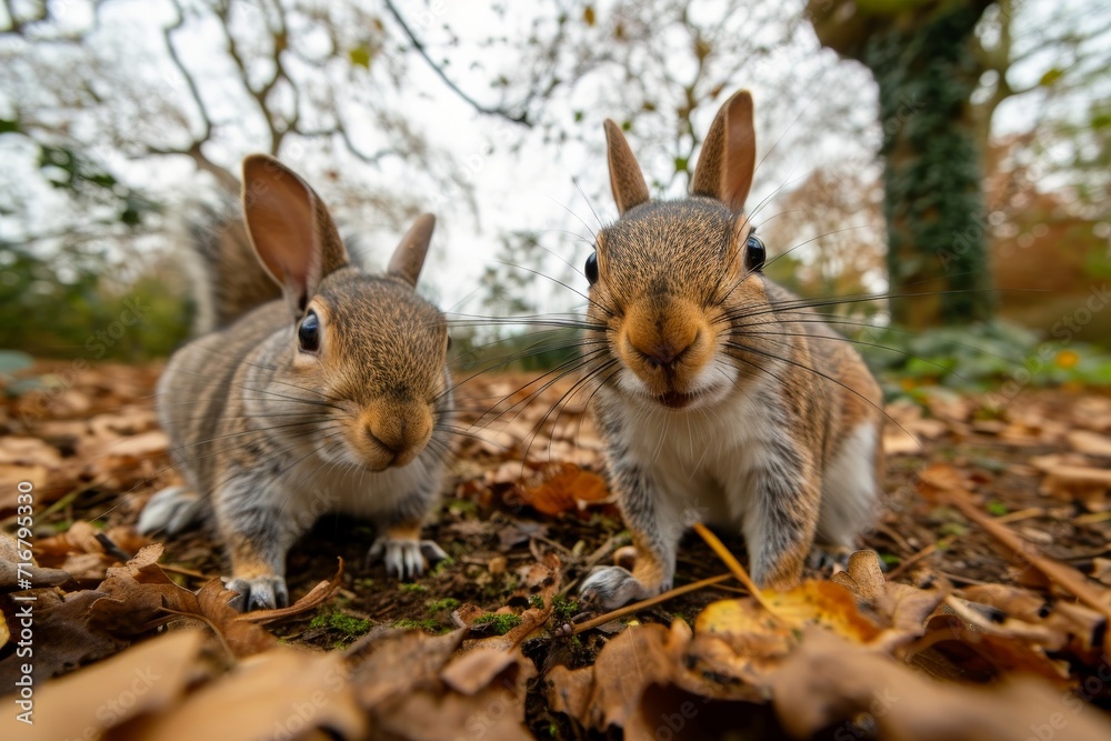 Two small mammals, a curious squirrel and a domestic rabbit, perch atop vibrant autumn leaves, surrounded by the lush greenery of the outdoors Two small mammals, a curious squirrel and a domestic rabbit, perch atop vibrant autumn leaves, surrounded by the lush greenery of the outdoors