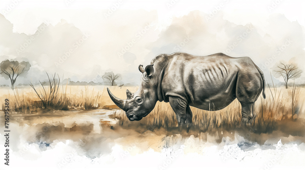 Fototapeta premium an ungulate walks on the savannah, profile view, watercolor style, book cover