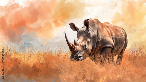 rhinoceros in search of food in the savannah, watercolor style, book cover