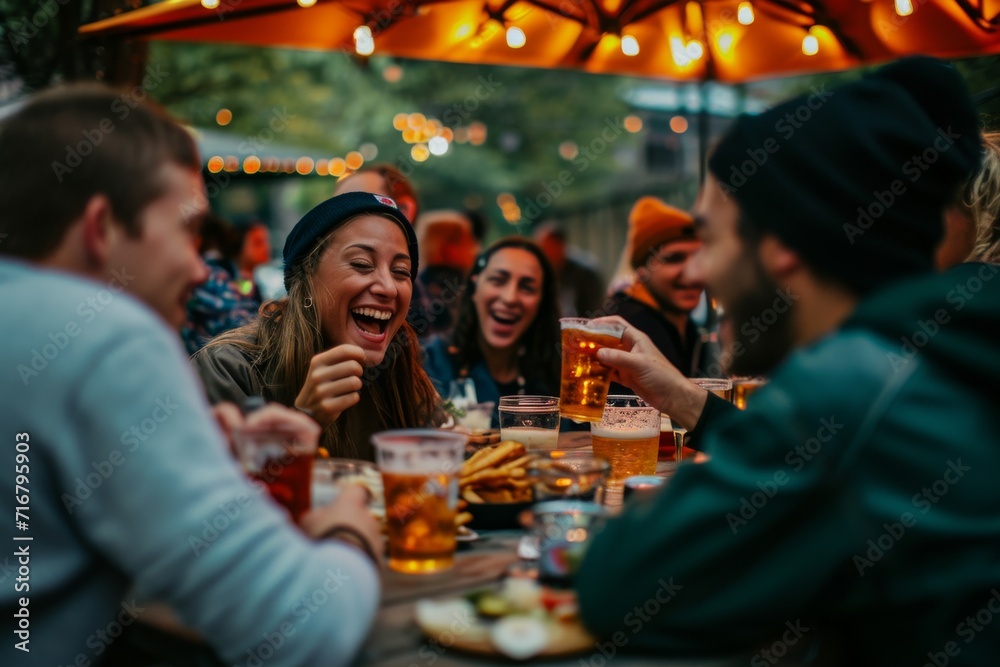 A diverse group of friends laugh and chat over drinks and delicious food at an outdoor restaurant, their faces lit up with joy and contentment
