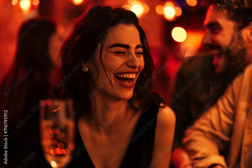 A stylish woman radiates joy and confidence as she indulges in a glass of wine at an indoor party, her beaming smile and elegant attire captivating all those around her