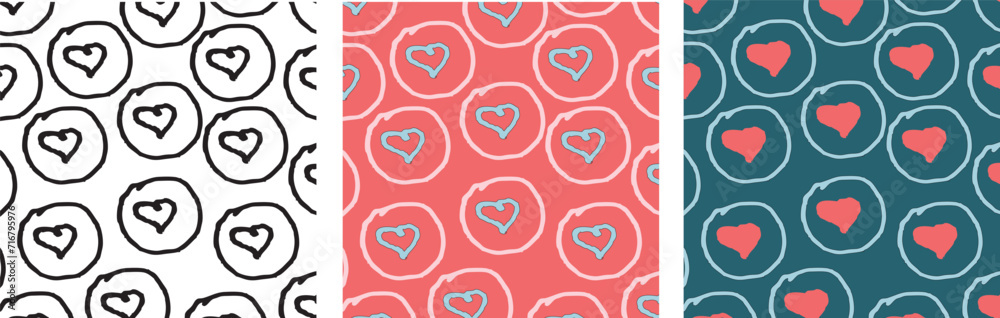 Valentine's day pattern, greeting card. Color hand drown hearts set. Cute vector illustration. 