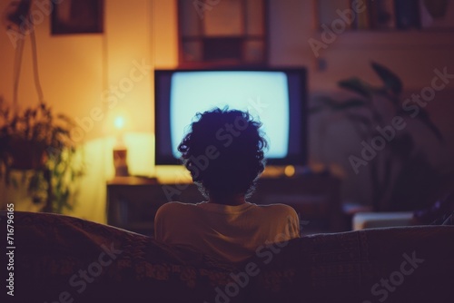 Captivated by the colorful images dancing on the screen, a relaxed individual indulges in the comforts of their indoor sanctuary, nestled against the wall, lost in the world of television