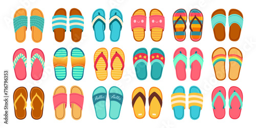 Summer slippers set. Flip flops summer shoes vector illustration, slippers view from above, flat design