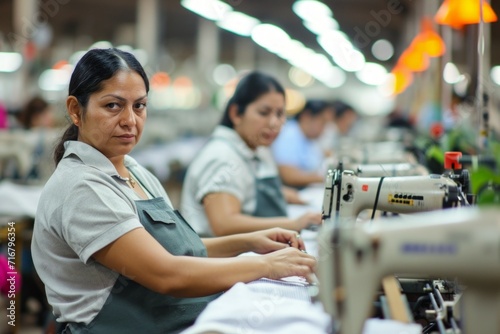 Workers at a textile factory. Background with selective focus and copy space