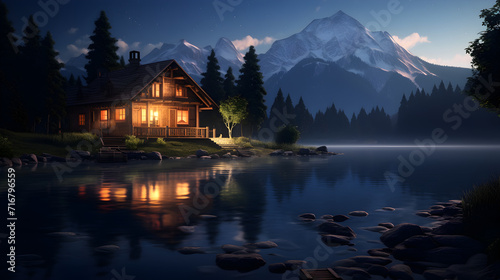 The image of a house in the snow with mountains in the style of romantic moonlit seascapes,, Cozy cabin snow © Abdul