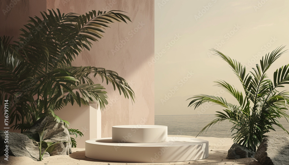 Podium for display product, nature style. Empty podiums mockup background for cosmetic product branding, identity and packaging. Generative AI. Podium for display product, nature style. Empty podiums mockup background for cosmetic product branding, identity and packaging. Generative AI.
