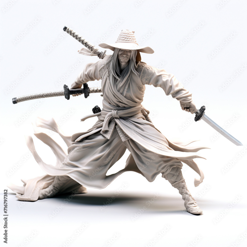 Samurai with straw hat and katana sword, combat action pose, made of clay, completely white. 3D rendering concept design illustration. Samurai with straw hat and katana sword, combat action pose, made of clay, completely white. 3D rendering concept design illustration.