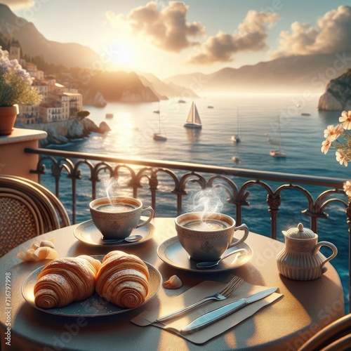Romantic sea view, on the terrace there is a table with coffee and croissants