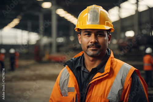 Portrait of Industry maintenance engineer man wearing uniform and safety hard hat on factory station. Industry, Engineer, construction in background.