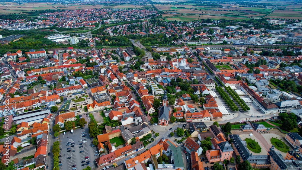 Aerial view of the city Schwetzingen in Germany on a cloudy summer afternoon