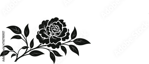 Flower icon. Peony flower with leaves. Peonies hand drawn vector art. Black silhouette of peony flower.