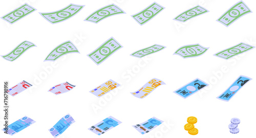 Fly banknote icons set isometric vector. Falling money bill. Dollar cash