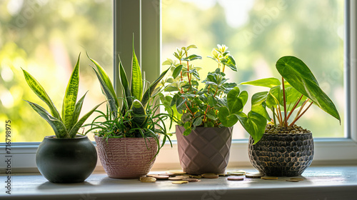 Three pots of plants are arranged in the living room  bathed in a bright gaze.  generative AI