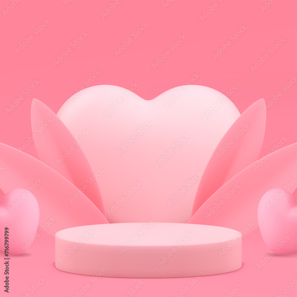 Pink cylinder 3d podium pedestal with heart wall and leaves realistic vector background