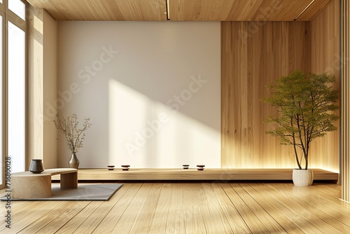 Muji style, an unfurnished wooden room showcasing the cleanliness of a Japandi-inspired interior photo