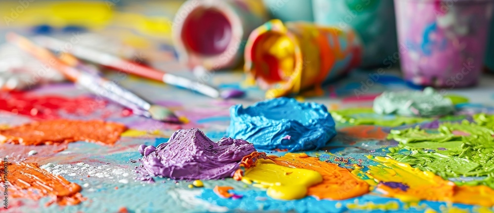 Fototapeta premium Vibrant hues swirl together on a birthday cake canvas, as food coloring transforms into indoor art