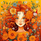 Beautiful red-haired girl with flowers around her on orange background, folk art