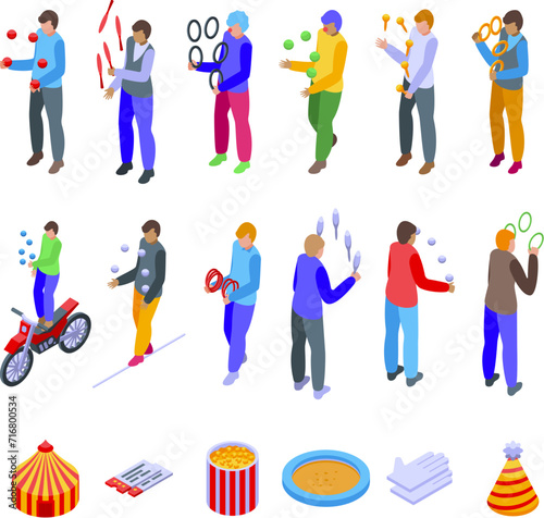 Juggler icons set isometric vector. Perform circus. Trick artist ring