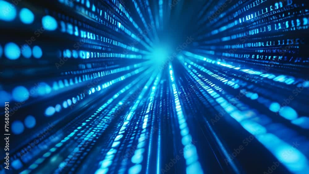 A stream of bits and bytes flowing through a blue tunnel, expressing the concept of information technology and digital communication
