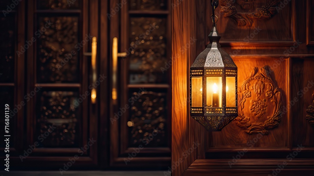 Glowing Lantern by Ornate Wooden Door Glowing Lantern by Ornate Wooden Door