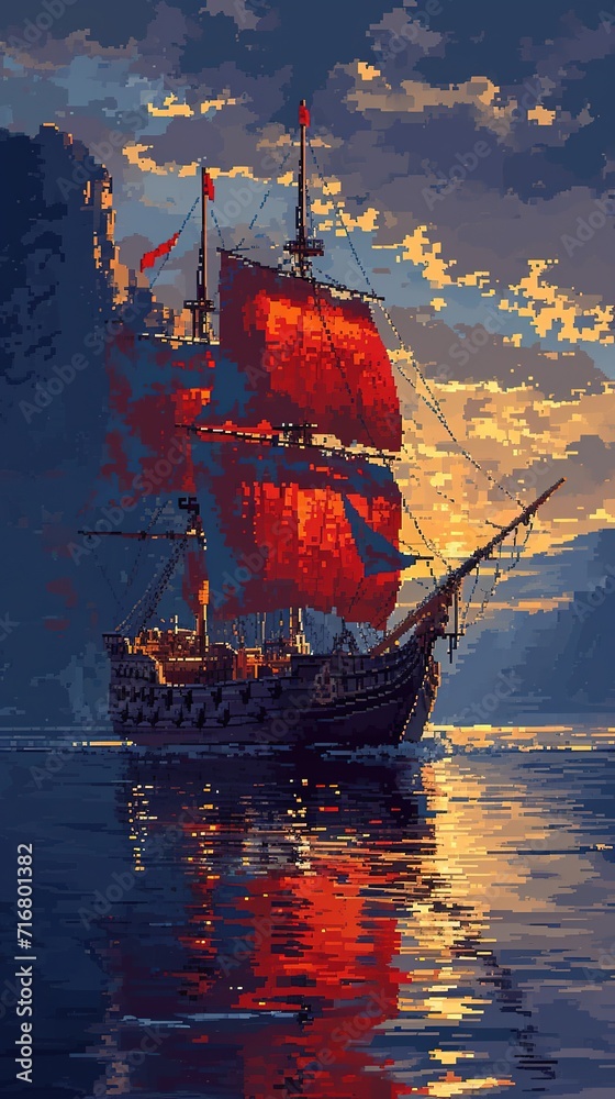 Sailing ship in the sea at sunset. game asset, pixel art