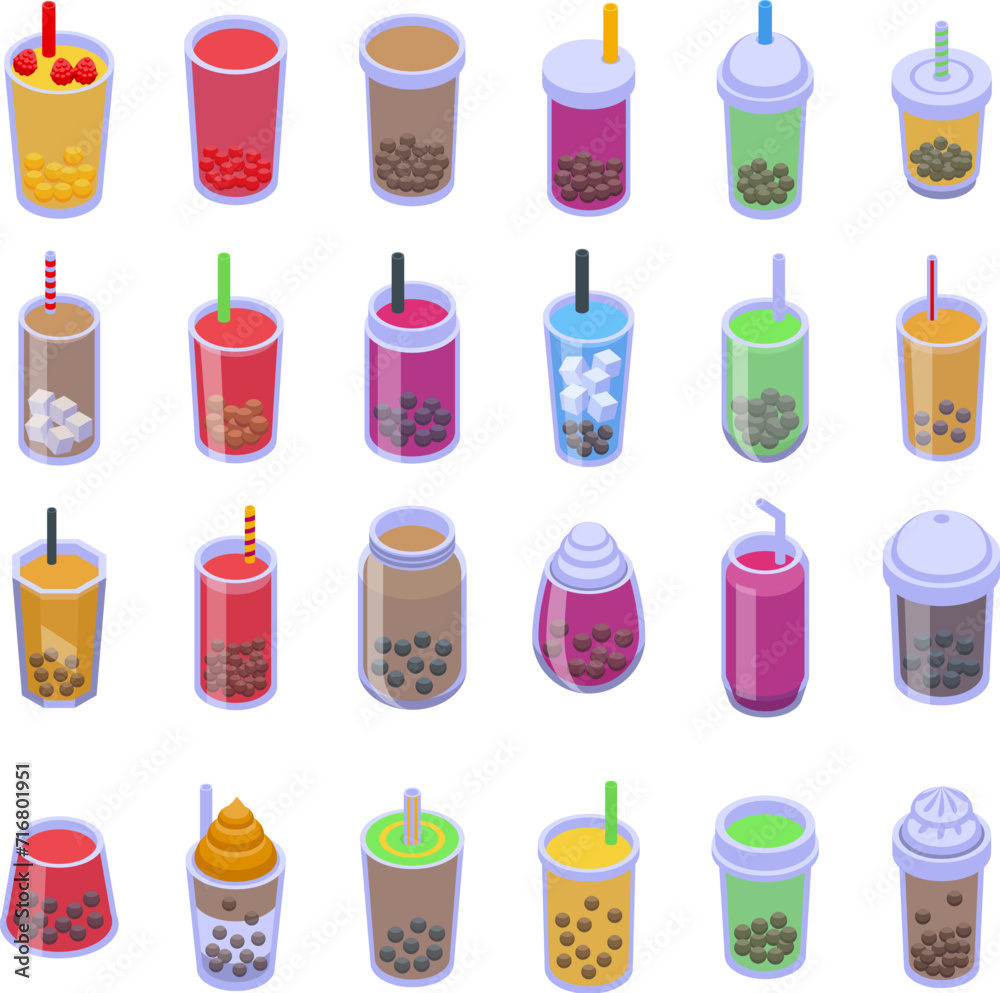 Boba icons set isometric vector. Bubble cup. Drink fruit berry Boba icons set isometric vector. Bubble cup. Drink fruit berry