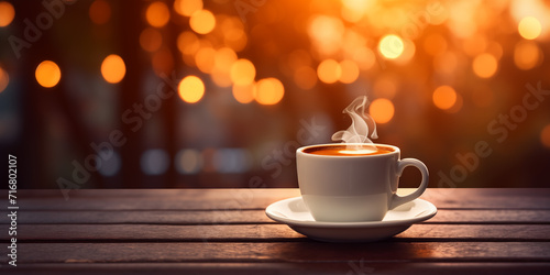 Cup of coffee on a wooden table against the background of blurry evening lights