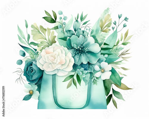 Fototapeta Naklejka Na Ścianę i Meble -  Shopping bag with teal spring flowers and leaves, pastel colors. Isolated watercolor illustration