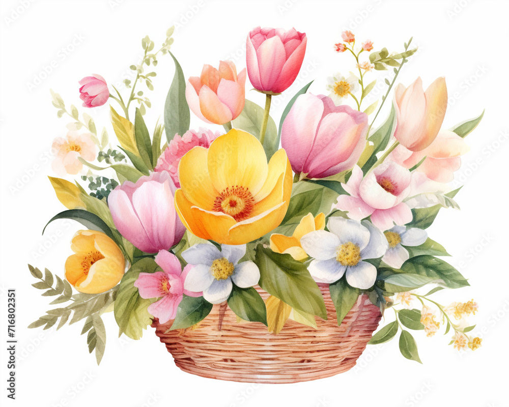 Obraz premium Spring flowers in the basket, pink and yellow tulips, pastel colors. Isolated watercolor illustration