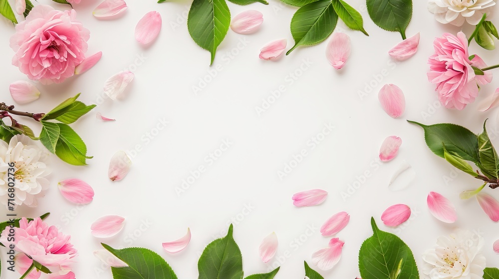A background frame adorned with spring flowers, blossoming sakura petals, and leaves, featuring a central copy space, a template for greeting cards A background frame adorned with spring flowers, blossoming sakura petals, and leaves, featuring a central copy space, a template for greeting cards