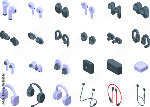 Wireless earphones icons set isometric vector. Music audio case. Earbuds device