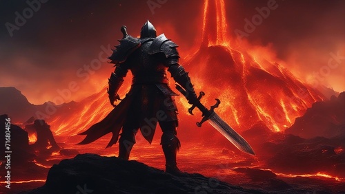 devil in the woods demon Knight with a sword facing the lava in hell, 