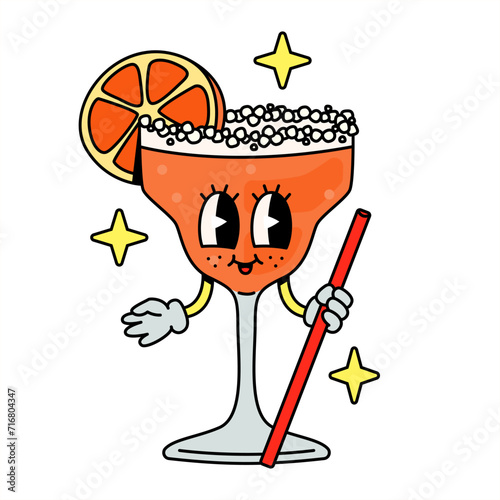 Cheerful cocktail character with a drinking tube. Cartoon groovy style.