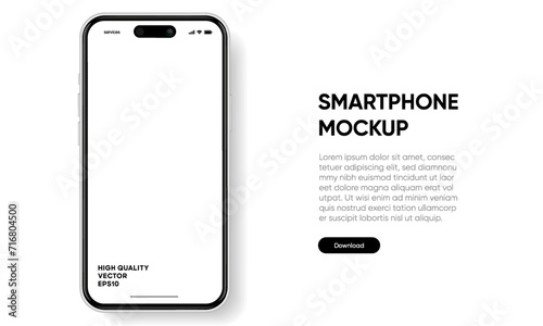 Realistic smartphone mockup. Mobile phone vector with isolated on white background. Device front view. 3D mobile phone with shadow. Realistic, high quality smart phone mockup for ui ux presentation.