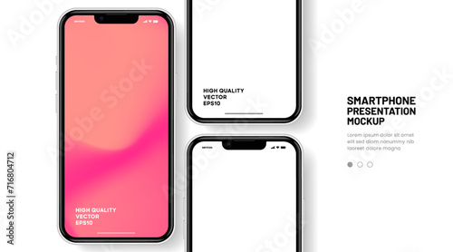 Realistic smartphone mockup. Mobile phone vector with isolated on white background. Device front view. 3D mobile phone with shadow. Realistic, high quality smart phone mockup for ui ux presentation.